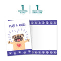 Load image into Gallery viewer, The cover and inside of Tree-Free’s Pugs And Kisses All Occasion Card card, along with the following text: “1 greeting card, 1 matching envelope”
