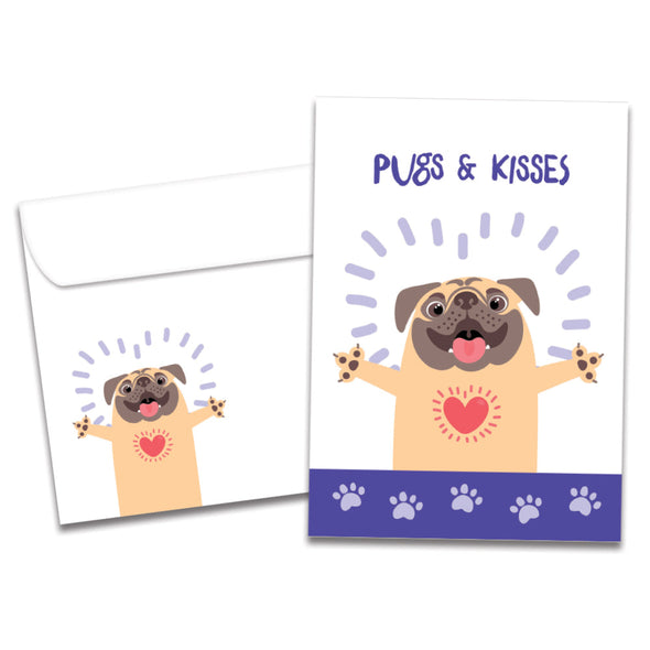 The cover of Tree-Free's Pugs And Kisses All Occasion Card card, along with its matching envelope.