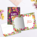 Load image into Gallery viewer, The inside of Tree-Free’s Purple Flower Birthday card, with the cover and envelope in the background.

