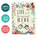 Load image into Gallery viewer, The cover of Tree-Free’s Beautiful Ride Support Card card with lines demonstrating its 5x7 dimensions, along with the following text: “100% PCW recycled paper, proudly made in the USA, sustainably printed on extra-thick card stock”
