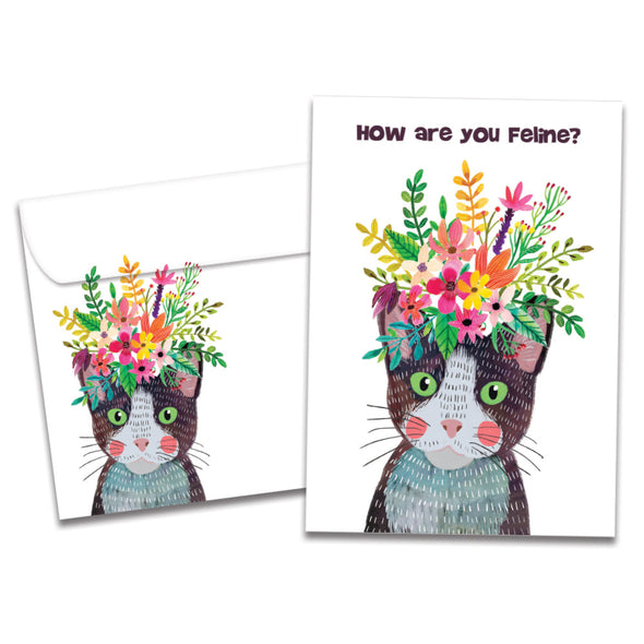 The cover of Tree-Free's Purrrfect Self card, along with its matching envelope.