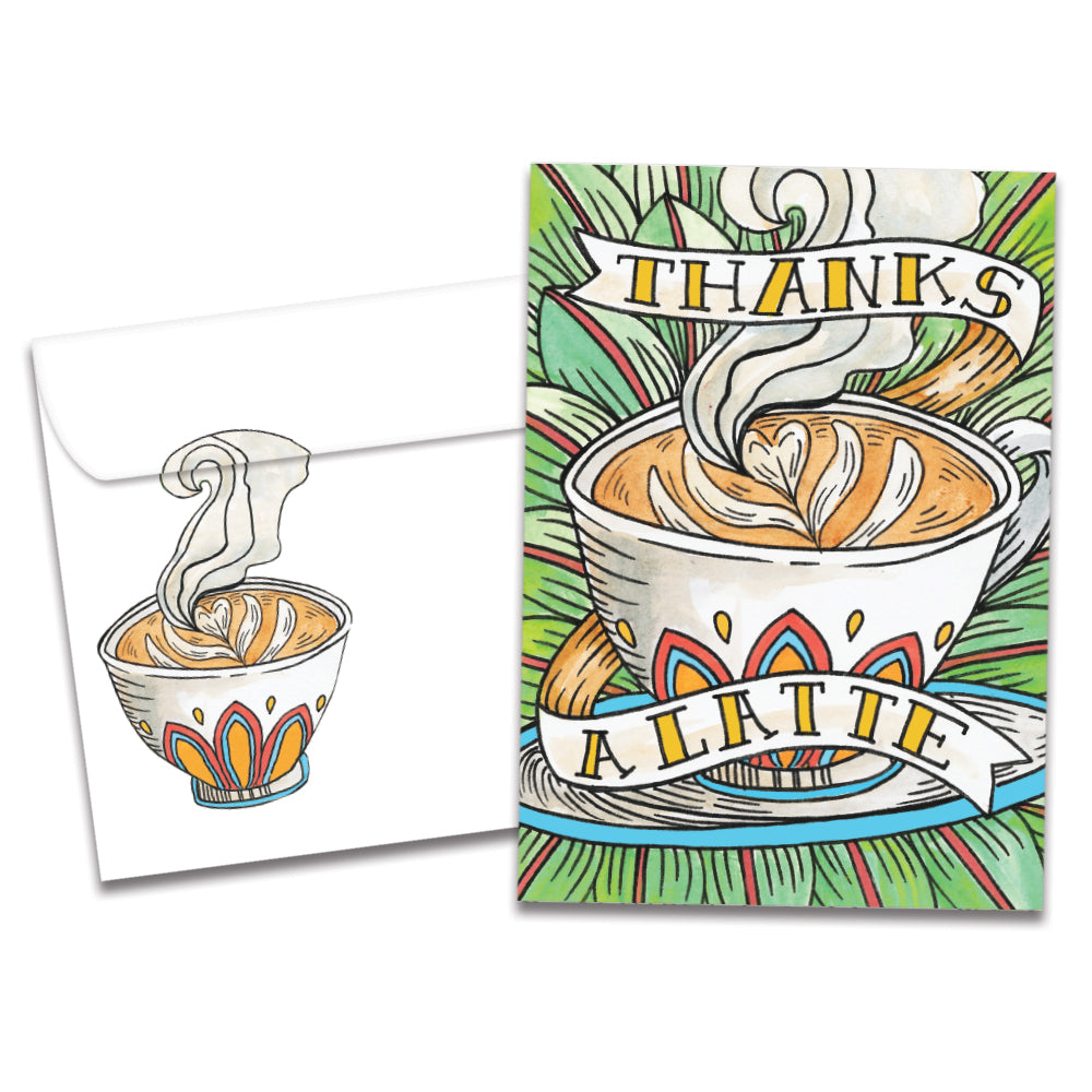 The cover of Tree-Free's Thanks a Latte card, along with its matching envelope.