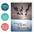 Load image into Gallery viewer, The cover of Tree-Free’s New Perspective card with lines demonstrating its 5x7 dimensions, along with the following text: “100% PCW recycled paper, proudly made in the USA, sustainably printed on extra-thick card stock”
