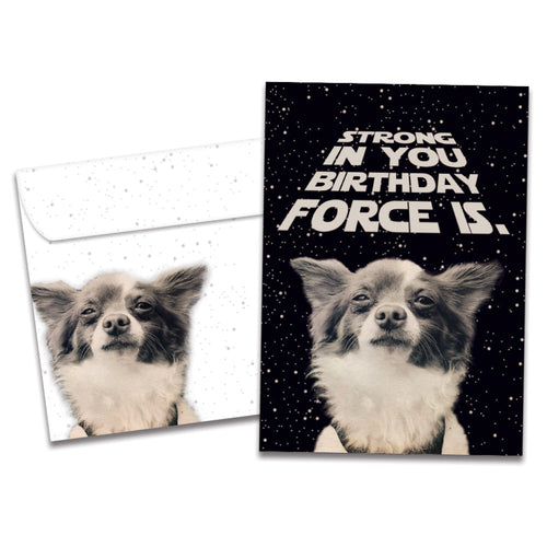 The cover of Tree-Free's Birthday Force card, along with its matching envelope.