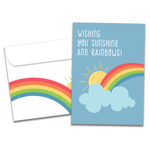 The cover of Tree-Free's Sunshine And Rainbows All Occasion Card card, along with its matching envelope.