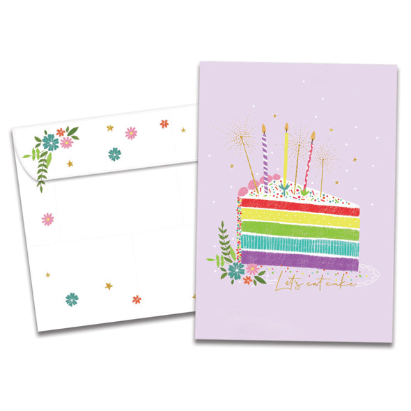 The cover of Tree-Free's Let's Eat Cake card, along with its matching envelope.