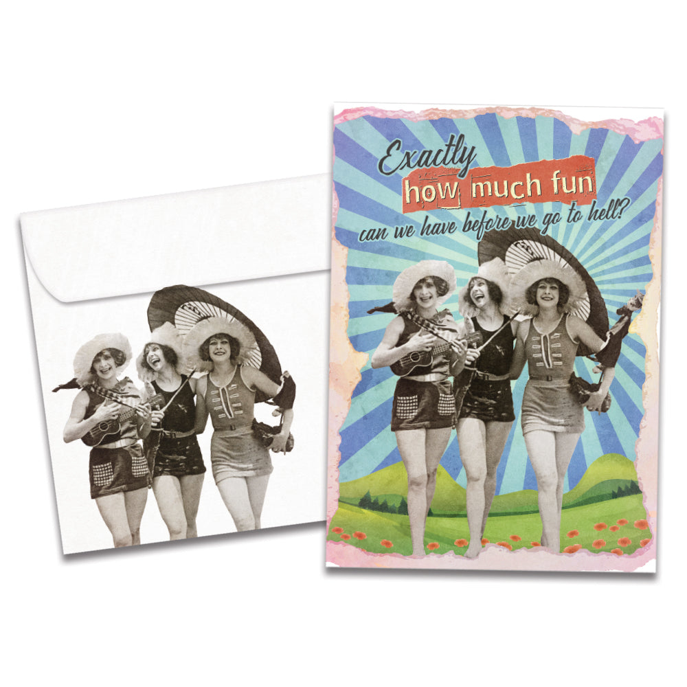 The cover of Tree-Free's How Much Fun Friendship Card card, along with its matching envelope.