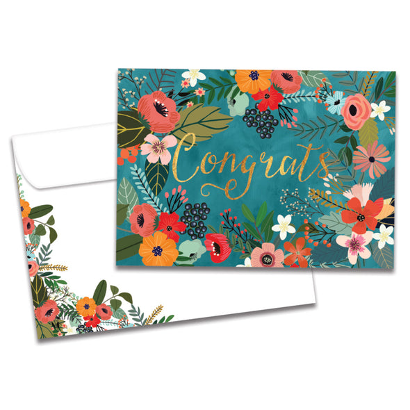 The cover of Tree-Free's Congrats Flowers Vibrant card, along with its matching envelope.