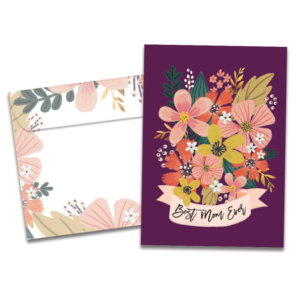 The cover of Tree-Free's Best Mom Ever Flowers card, along with its matching envelope.