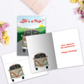 Load image into Gallery viewer, The inside of Tree-Free’s Life Trip Hippie Bus card, with the cover and envelope in the background.
