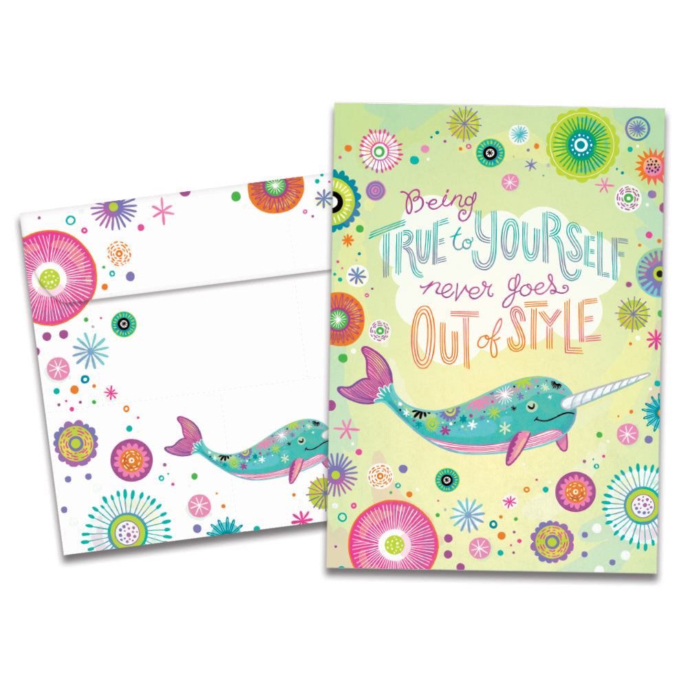 The cover of Tree-Free's True To Yourself Narwhal card, along with its matching envelope.