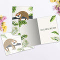 Load image into Gallery viewer, The inside of Tree-Free’s Sloth Slow Lane card, with the cover and envelope in the background.
