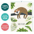 Load image into Gallery viewer, The cover of Tree-Free’s Sloth Slow Lane card with lines demonstrating its 5x7 dimensions, along with the following text: “100% PCW recycled paper, proudly made in the USA, sustainably printed on extra-thick card stock”

