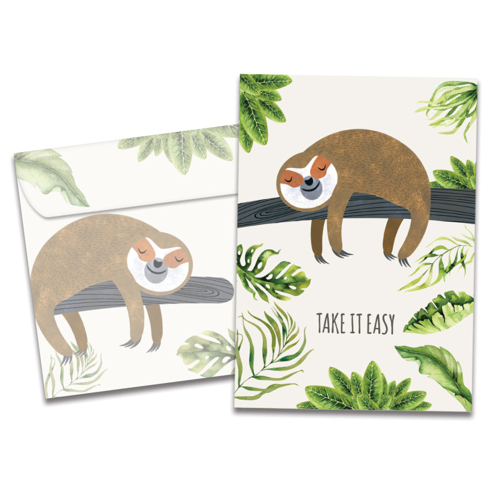 Cover of Sloth Slow Lane Get Well card (featuring serif text below artwork of a sloth sleeping on a tree branch) and its matching envelope