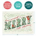 Load image into Gallery viewer, The cover of Tree-Free’s Merry Little Christmas card with lines demonstrating its 5x7 dimensions, along with the following text: “100% PCW recycled paper, proudly made in the USA, sustainably printed on extra-thick card stock”

