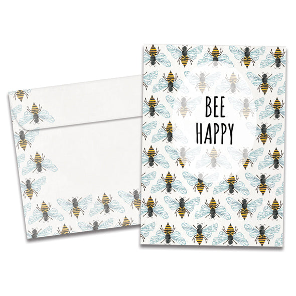 The cover of Tree-Free's Bee Happy card, along with its matching envelope.