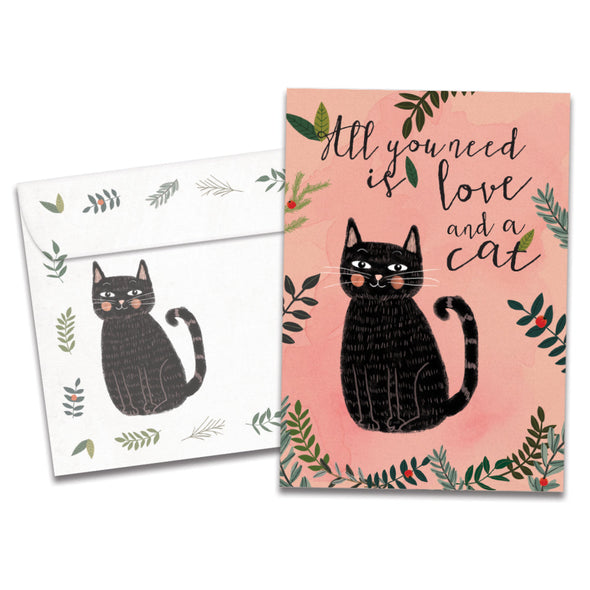 The cover of Tree-Free's All You Need Is Cat card, along with its matching envelope.