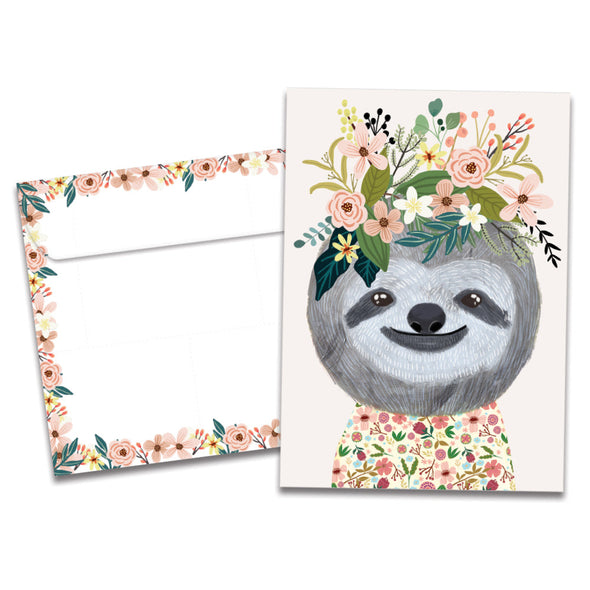 The cover of Tree-Free's Happy Sloth card, along with its matching envelope.