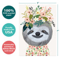 Load image into Gallery viewer, The cover of Tree-Free’s Happy Sloth card with lines demonstrating its 5x7 dimensions, along with the following text: “100% PCW recycled paper, proudly made in the USA, sustainably printed on extra-thick card stock”
