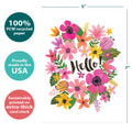 Load image into Gallery viewer, The cover of Tree-Free’s Hello card with lines demonstrating its 5x7 dimensions, along with the following text: “100% PCW recycled paper, proudly made in the USA, sustainably printed on extra-thick card stock”
