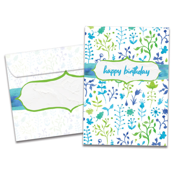 The cover of Tree-Free's Birthday Floral card, along with its matching envelope.