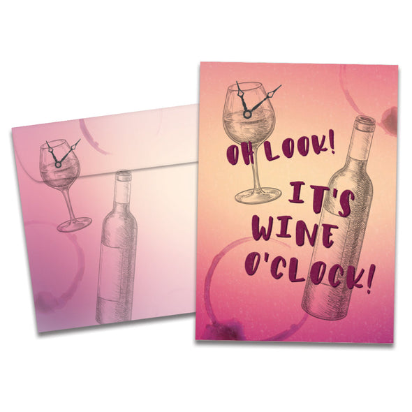 The cover of Tree-Free's Wine O'Clock card, along with its matching envelope.
