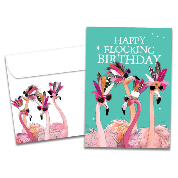 The cover of Tree-Free's Flocking Birthday card, along with its matching envelope.