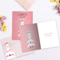Load image into Gallery viewer, The inside of Tree-Free’s Llamaste All Day card, with the cover and envelope in the background.

