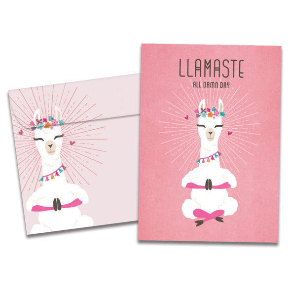 The cover of Tree-Free's Llamaste All Day card, along with its matching envelope.