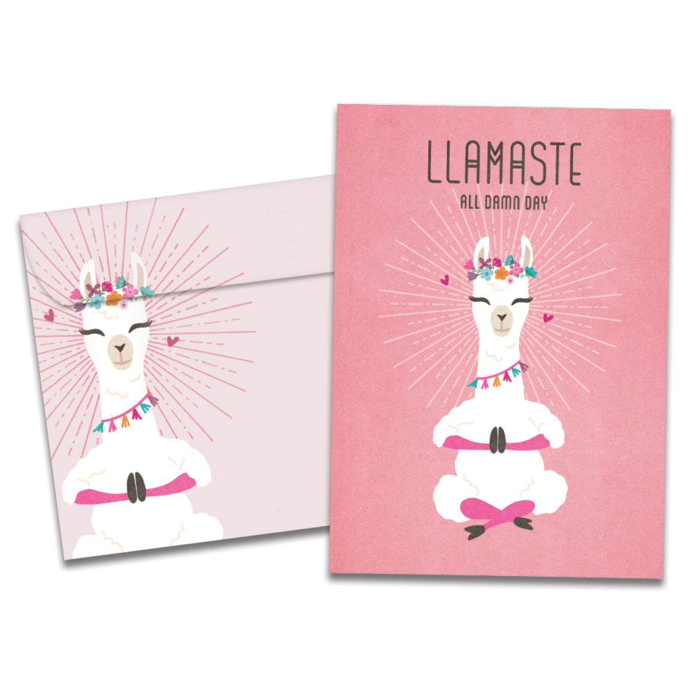 The cover of Tree-Free's Llamaste All Day card, along with its matching envelope.