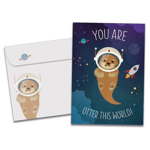 The cover of Tree-Free's Otter This World Birthday card, along with its matching envelope.