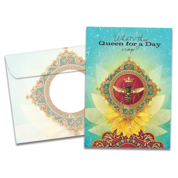 The cover of Tree-Free's Queen For a Day card, along with its matching envelope.