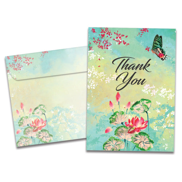 The cover of Tree-Free's Primavera Thanks card, along with its matching envelope.