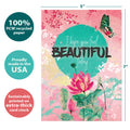 Load image into Gallery viewer, The cover of Tree-Free’s Inside And Out Beauty Thinking Of You Card card with lines demonstrating its 5x7 dimensions, along with the following text: “100% PCW recycled paper, proudly made in the USA, sustainably printed on extra-thick card stock”
