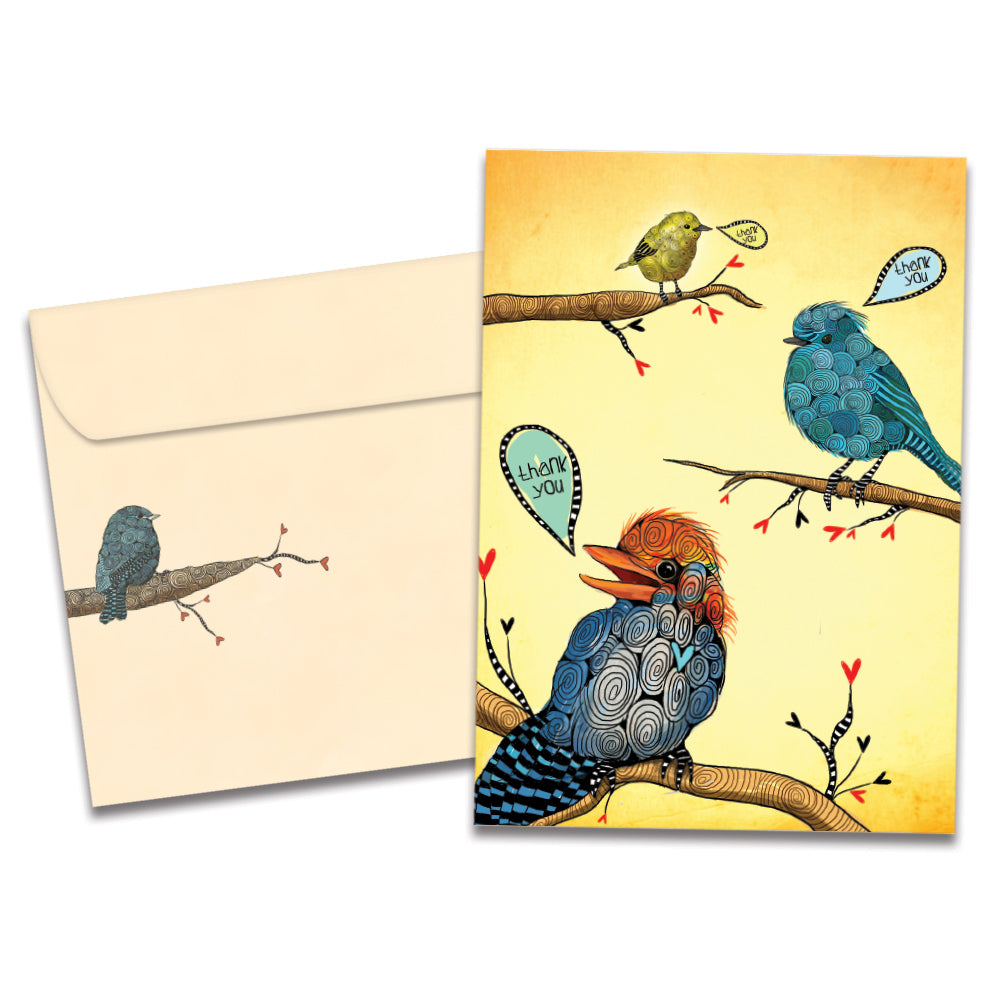 The cover of Tree-Free's Thankful Birds Thank You Card card, along with its matching envelope.