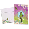 Load image into Gallery viewer, The cover of Tree-Free&#39;s Sparkle Bird card, along with its matching envelope.
