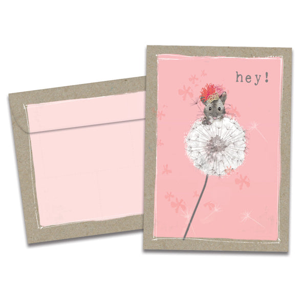The cover of Tree-Free's Hey Mouse Thinking Of You Card card, along with its matching envelope.