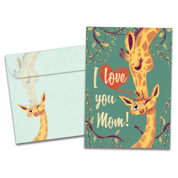 The cover of Tree-Free's Giraffe Mom card, along with its matching envelope.