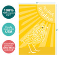 Load image into Gallery viewer, The cover of Tree-Free’s Sunshine Season card with lines demonstrating its 5x7 dimensions, along with the following text: “100% PCW recycled paper, proudly made in the USA, sustainably printed on extra-thick card stock”
