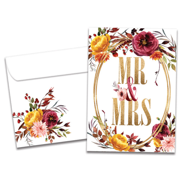 The cover of Tree-Free's Gold Mr. And Mrs. Wedding Card card, along with its matching envelope.