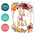 Load image into Gallery viewer, The cover of Tree-Free’s Gold Mr. And Mrs. Wedding Card card with lines demonstrating its 5x7 dimensions, along with the following text: “100% PCW recycled paper, proudly made in the USA, sustainably printed on extra-thick card stock”
