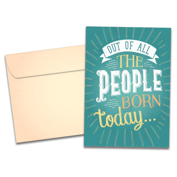 The cover of Tree-Free's Born Today Birthday Card card, along with its matching envelope.