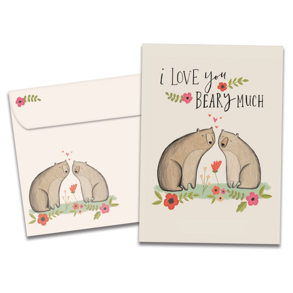The cover of Tree-Free's Beary Much card, along with its matching envelope.