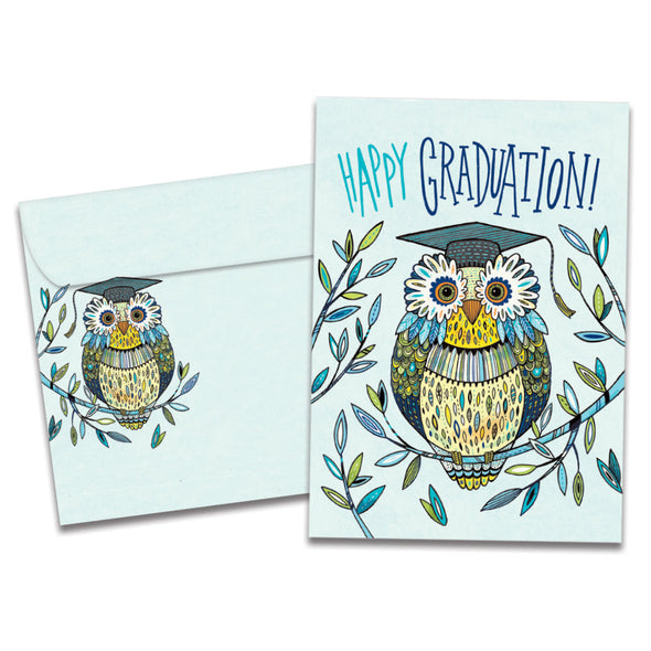 The cover of Tree-Free's Graduation Owl card, along with its matching envelope.