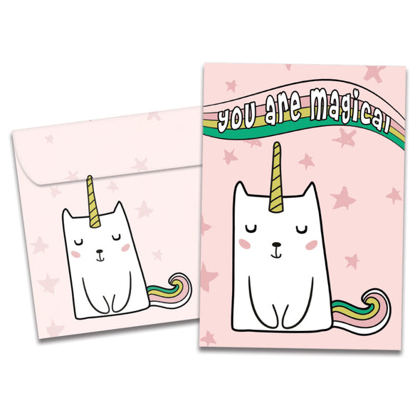 The cover of Tree-Free's Magical Cat Unicorn card, along with its matching envelope.