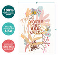 Load image into Gallery viewer, The cover of Tree-Free’s You&#39;re The Bees Knees All Occasion Card card with lines demonstrating its 5x7 dimensions, along with the following text: “100% PCW recycled paper, proudly made in the USA, sustainably printed on extra-thick card stock”
