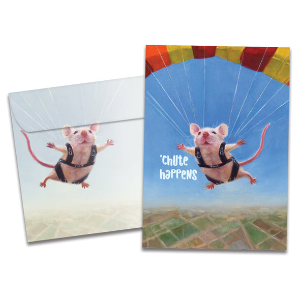 The cover of Tree-Free's Chute Happens Support Card card, along with its matching envelope.