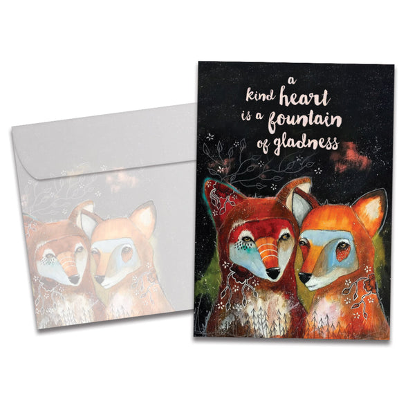 The cover of Tree-Free's Fountain Of Gladness card, along with its matching envelope.