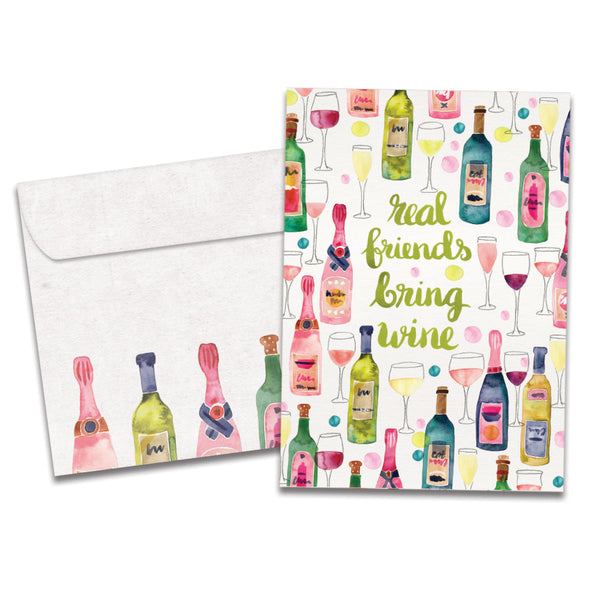 The cover of Tree-Free's Friends Bring Wine card, along with its matching envelope.