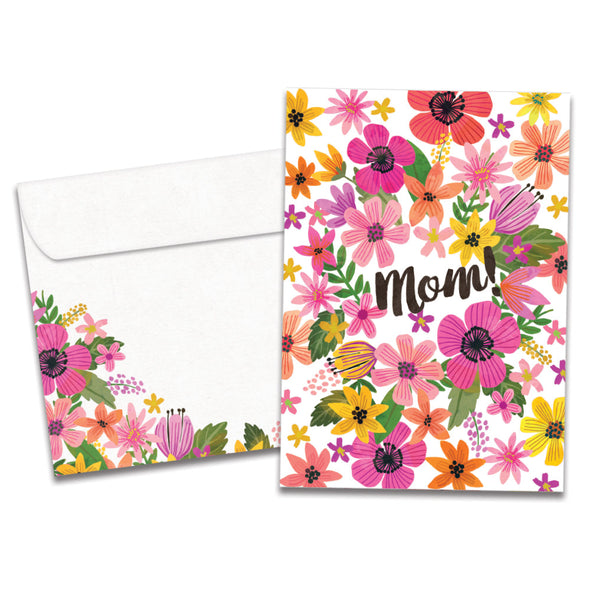 The cover of Tree-Free's Bright Florals Mom card, along with its matching envelope.